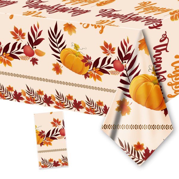 ORNACELE 1PC Thanksgiving Fall Tablecloth Disposable - 108" × 54", Fall Table Cloth Autumn Harvest Pumpkin Leaves Tablecover Plastic Rectangle Table Cover for Dinner Party Decor