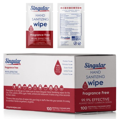 HAND SANITIZING WIPES- 100ct - Individually Packed Premium Hand Sanitizing Wipes for Travel, Home, Office, School, etc. Fragrance Free with Moisturizer - Manufactured in USA