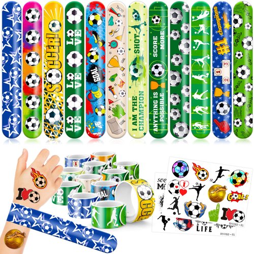 48PCS Soccer Party Favors 24PCS Tattoos 24PCS Slap Bracelets Wristbands Themed Birthdays Party Supplies Decorations Decor Sport Football World Cup Europa Pattern Gifts School Classroom Prize Exchange