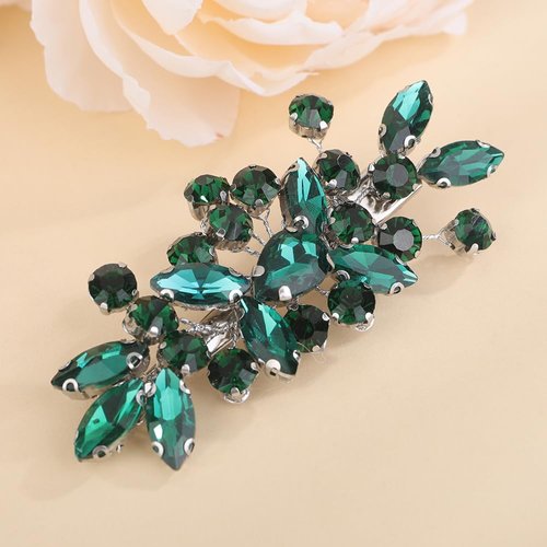 Teyglen Green Rhinestone Hair Clip Bridal Crystal Hair Barrette for Women Sparkly Hair Piece Wedding Hair Clips Hair Accessories for Women (Peacock green)