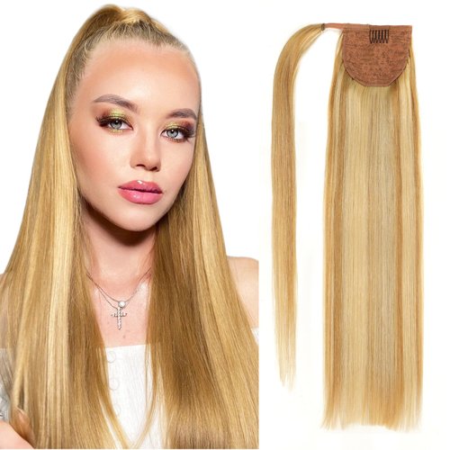 22"Human Hair Ponytail Wrap Around Clip in Ponytail Hair Extensions for Women Strawberry Blonde Mixed Blonde Highlights (#27/613) 100g/3.5oz