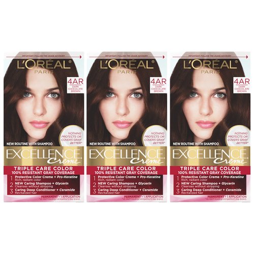 L'Oreal Paris Excellence Creme Permanent Hair Color, 4AR Dark Chocolate Brown, 100 percent Gray Coverage Hair Dye, Pack of 3