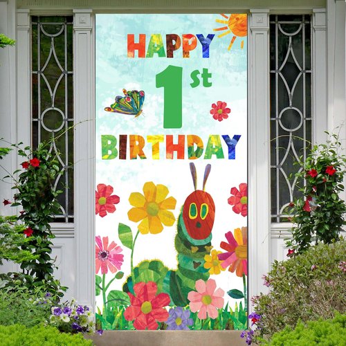 The Cute Hungry Caterpillar Happy Birthday Banner Backdrop 1 Year Old Cartoon Hungry Caterpillar Butterfly Colorful Flower Theme Decor for Boys Girls Birthday Party Favors Supplies 35.4x72.8in-BECKTEN