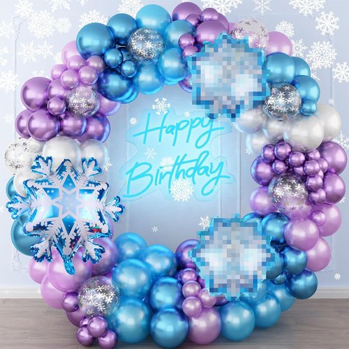 Frozen Balloon Garland Arch Kit, Metallic Blue Purple White Balloons Silver Snow Confetti Balloon and Snowflake Foil Balloons for Winter Wonderland Girls Frozen Theme Birthday Party Decorations
