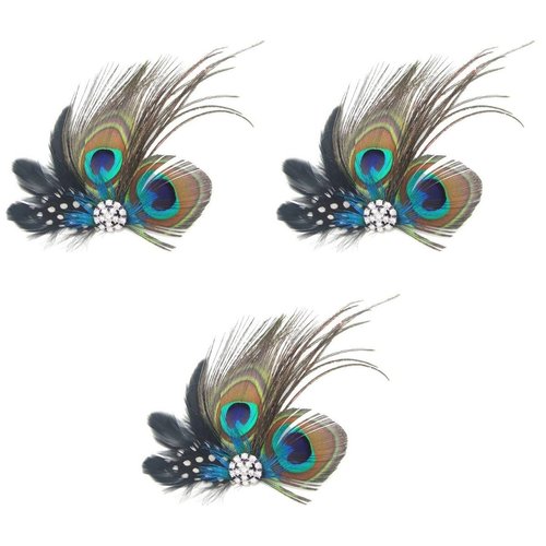 Veemoon 3pcs Butterfly Faux Peacock Feather Hair Clip with Artificial Pearl Rhinestones for Women, Bridal & Wedding Party