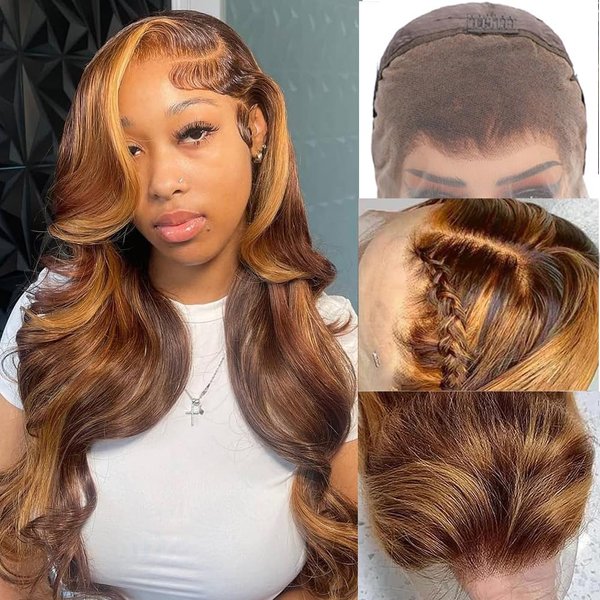 28 InchHighlight Ombre 13x4 Body Wave Lace Front Wigs Human Hair Pre Plucked with Baby Hair Honey Blonde Lace Front Wig Human Hair HD Transparent Lace Frontal Wigs for Black Women 4/27 Colored Wig