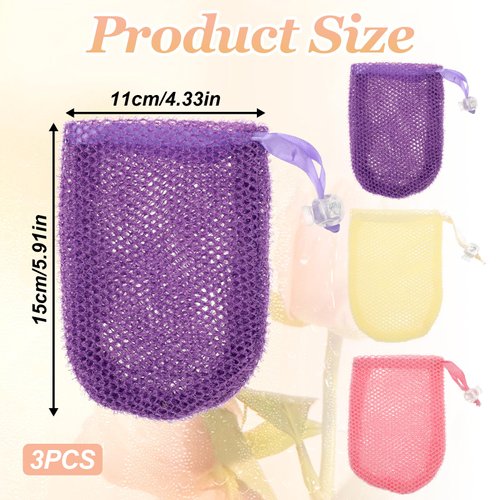 3 Pack Bar Soap Scrubber Pouch, Exfoliating Soap Saver Pouch with Drawstring Closure, 3 Colors Bar Soap Scrubber, Soap Saver Pouch for Washing Body, Hangable Bar Soap Pouch for Bath Shower