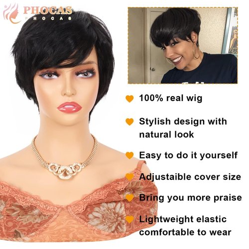 PHOCAS Short Human Hair Pixie Cut Wigs with Bangs for Women Short Black Wavy Wigs Layered Natural Fashion Short Human Hair Wigs