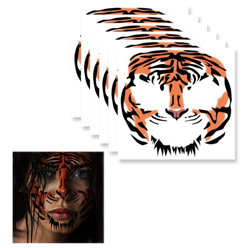 Tiger Face Tattoos - 6 Sheets Tribal Tiger Temporary Tattoo Kits for Halloween Costume, Men, Women, Kids - Body Decal Set for Parties