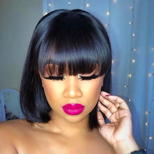 Mofyue Short Human Hair Bob Wigs With Bangs Straight Realistic Scalp Glueless Non Lace Front Wig ...
