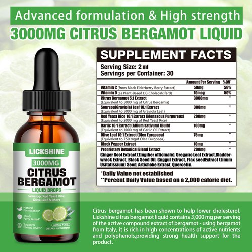 lickshine 2 Pack 3000mg Citrus Bergamot Liquid Drops - High Absorption - Cholesterol Lowering Supplement for Immune Support Anti-Aging, Hight Cholesterol - Soursop Bitters Liquid, 4 Fl Oz