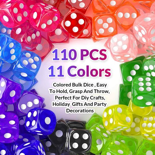 Rerdeim 110 Pieces Dice Set, Colored Game Bulk Dices, Colorful Dices, 6 Sided Dice for Classroom Teaching, Board Game, Playing, Rolling, Small Six Sided 11 Color Red, Yellow, Blue, Green and More