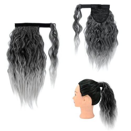 Grey Ponytail Hair Extensions 14inch Curly Wavy Ponytail Hairpieces for Women Short Synthetic Corn Wave Clip in on Pony Tail for Women Girls Fluffy Heat Resistant Magic Paste Ponytails(Grey)