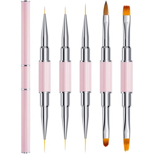 JERCLITY 5pcs Double-Ended Metal Nail Art Brushes Set Nail Art Liner Brush for Nails Nail Polish Brush Gel Builder Brush Nail Art Tools Nail Clean Up Brush Nail Design Brushes for Nail Art(Pink)