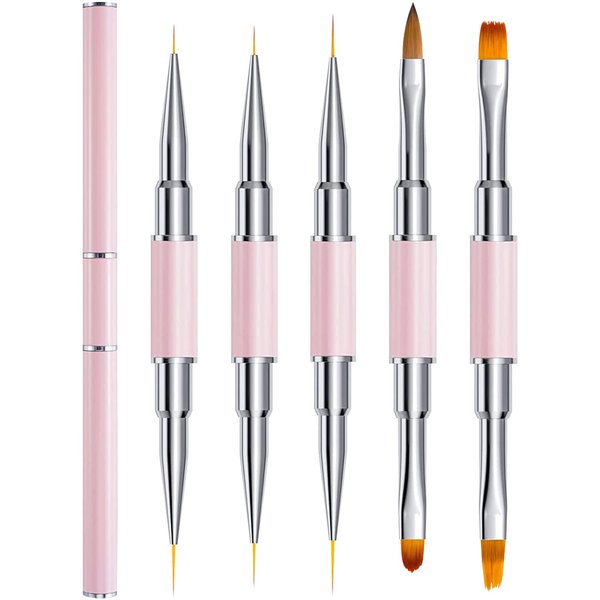 JERCLITY 5pcs Double-Ended Metal Nail Art Brushes Set Nail Art Liner Brush for Nails Nail Polish Brush Gel Builder Brush Nail Art Tools Nail Clean Up Brush Nail Design Brushes for Nail Art(Pink)