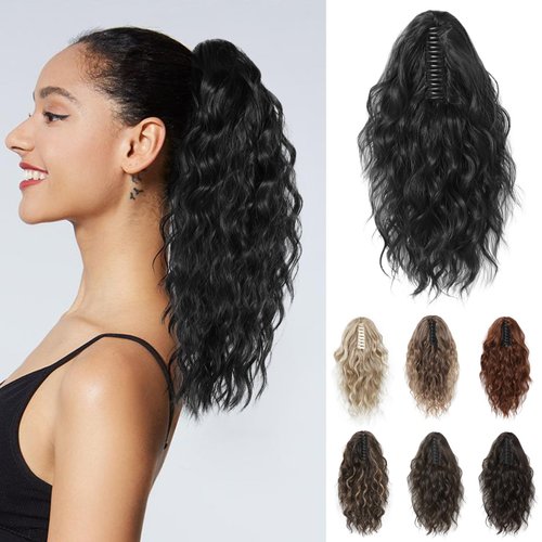 REECHO 14" Ponytail Extension, Short Claw Clip on Ponytail Extension Fake Pony Tails Soft Wavy Curly Clip in Hair Extensions Synthetic Hairpiece for Women Daily Party HP002 - Black