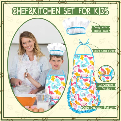 KAEGREEL Kids Baking Chef Set, 26Pcs with Dinosaur Apron & Hat Role Play Cooking Chef Cooking Dress Up Toys, Pretend Play Kitchen Toys Gifts for Boys Girls Aged 3-8