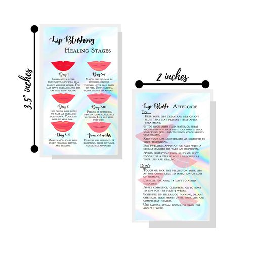 Lip Blush Stages of Healing & Aftercare Instructions Card | 50 Pack | 2x3.5" inches Business Card Size | Lip Blush Lip Glow Lip Tint PMU Lip Liner Full Lip Tint Tattoo | Holographic Look Design