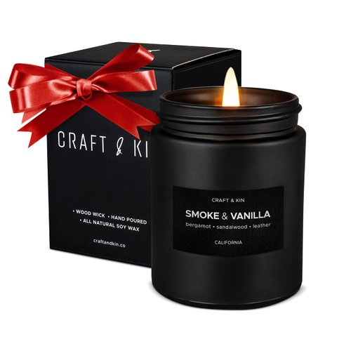 Premium Smoke & Vanilla Candle | Christmas Scented Candles for Men | Holiday Candles | Soy Candle | Fall Candles for Home Scented | Black Candles, Long Lasting Candles with 45 Hour Burn Time 7.6oz