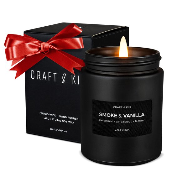 Premium Smoke & Vanilla Candle | Christmas Scented Candles for Men | Holiday Candles | Soy Candle | Fall Candles for Home Scented | Black Candles, Long Lasting Candles with 45 Hour Burn Time 7.6oz