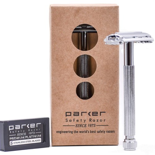 Parker 29L Chrome, Long Handle Butterfly Open Double Edge Safety Razor for Men & Women, 5 Parker Premium Platinum Double Edge Razor Blades Included