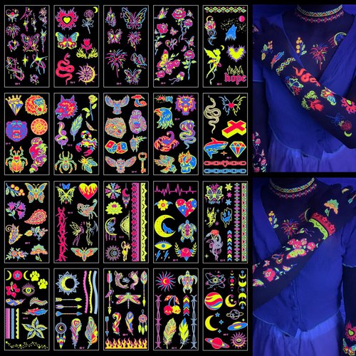 Glow In The Dark Party Supplies -182 Styles Neon Body Paint Accessories Blacklight Temporary Tattoo For Adults Fluorescent Face Fake tattoos Fiesta Rave Festival Decorations,20Sheet - TATUWST