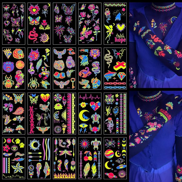 Glow In The Dark Party Supplies -182 Styles Neon Body Paint Accessories Blacklight Temporary Tattoo For Adults Fluorescent Face Fake tattoos Fiesta Rave Festival Decorations,20Sheet - TATUWST
