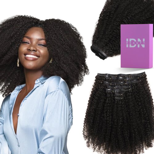 IDN BEAUTY Seamless Clip In Hair Extensions Human Hair, 3c 4a 4c Afro Kinky Curly 14 Inch 110g 7pcs Natural Black Seamless Curly Clip Ins Remy Hair Seamless Clip Ins For Black Women PU Invisible Edge