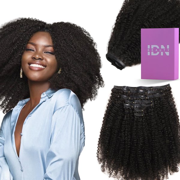 IDN BEAUTY Seamless Clip In Hair Extensions Human Hair, 3c 4a 4c Afro Kinky Curly 14 Inch 110g 7pcs Natural Black Seamless Curly Clip Ins Remy Hair Seamless Clip Ins For Black Women PU Invisible Edge