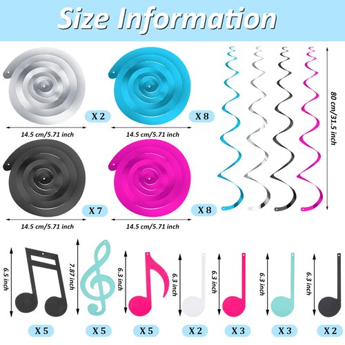 25 Pieces Musical Note Hanging Swirl Music Foil Whirl Theme Party Decoration Cutout Spiral for Wedding Baby Shower Birthday Party Supplies (Black, White, Blue, Pink)