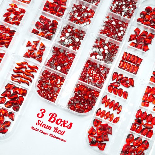 qiipii 3 Boxes Red Nail Rhinestones 240 Multi-Shapes Ruby Red Rhinestones Big Gems Nail Charms Siam Red Round Beads K9 Glass Stones Diamonds jewels Nail Art Flatback for Nails Face Eyes Makeup Crafts
