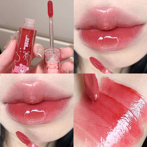 Blopuivo 3 Colors Bear Lip Gloss,Jelly Lip Glaze,Cute Liquid Lipstick Bear Lip Stain Watery Lipgloss Plumping Lip Tint Moisturizing Waterproof Long Lasting for Lip and Cheek