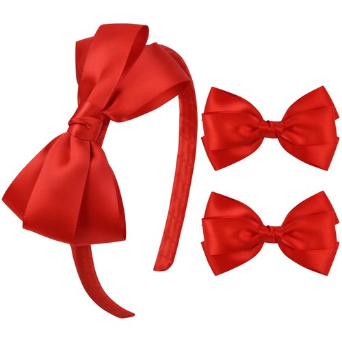DEEKA Red Bow Headband & 2 Pcs Satin 4 Inch Hair Bows Set Uniform Hair Accessories Hair Band for Little Toddler School Girls -Red