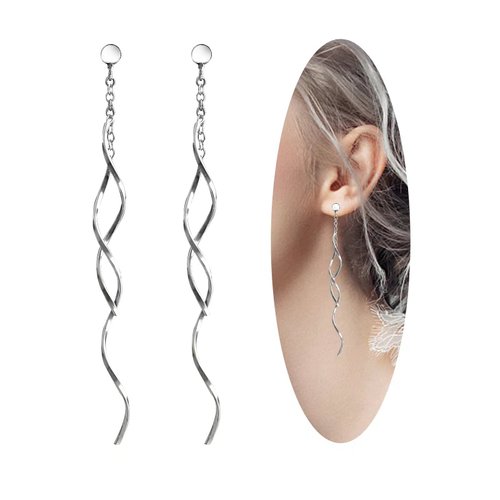 Sterling Silver Spiral Long Wire Earrings, Handmade Twisted Linear Hypoallergenic Dangle Drop Earrings, Perfect Gift for Women and Teen Girls (Silver, straight long wire earing)