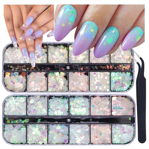 24 Grids Holographic Nail Sequins and 1 Pcs Nail Art Tweezers,Iridescent Mermaid Flakes Ultra-Thin Colorful Flakes Glitter Sticker,DIY Nail Art Face Body Eyes for Nail Art Decoration