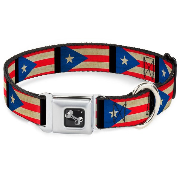 Dog Collar Seatbelt Buckle Puerto Rico Flag Weathered 18 to 32 Inches 1.5 Inch Wide, DC-W34267-WL