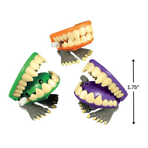 Fun Express Mini Monster Wind-Up Green, Orange & Purple Plastic Chomping Teeth - Toys for Kids Birthday Party Favors - Novelty and Gag Gifts - Boys Girls Party Desktop - 12 Pieces