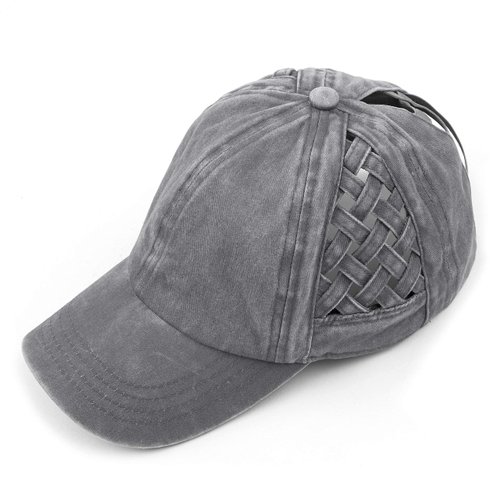 Funky Junque Criss Cross Hat Womens Baseball Cap Distressed Ponytail Messy Bun Trucker Ponycap (Basketweave - Grey)