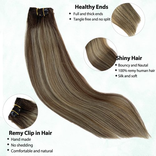 Hair Extensions Clip in Human Hair Ash Brown Mixed Bleach Blonde Highlights Clip in Hair Extensions Real Human Hair Thick Ends Long Straight Hair Extensions Clip ins Human Hair 12 Inch 70g 7pcs