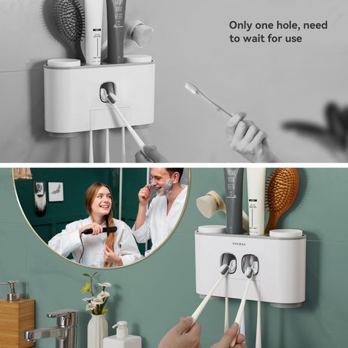 Toothbrush Holders with Toothpaste Dispenser Wall Mounted for Bathroom-4 Cups Automatic Electric Tooth Pastetooth Squeezer-Bathroom Organizer Storage Accessories Set for Kids with 5 Toothbrush Slots