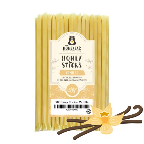 The Honey Jar Vanilla Flavored Honey Sticks - Pure Honey Straws For Tea, Coffee, or a Healthy Treat - One Teaspoon of Flavored Honey Per Stick - Made In The USA with Real Honey - (50 Count)