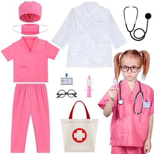 THE KING HIS QUEEN Doctor Costume for Kids, Kids Scrubs with Doctor Lab Coat Stethoscope ID Card Carry Doctor Bag Kids Halloween Doctor Dress up Career Day Costume for Boys Girl, 5-6 Years