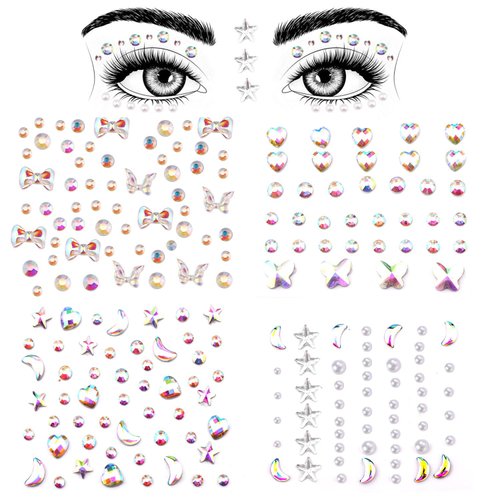 4 Sheets Face Gemstones, Crystal Face Jewels Stickers Rhinestones for Makeup Hair Gems Pearl Face Rhinestone Tattoos for Crafts Women Girls Face Eye Makeup (Bow Tie Style)
