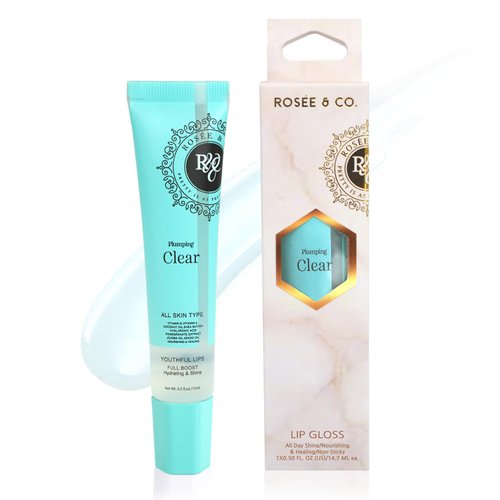 ROSÉE & CO Rosee Lip Gloss Vegan & Cruelty Free Treatment, Long Lasting Glossy with Shea Butter, Moisturize, Protect & Smooth - (b) Clear Plumping