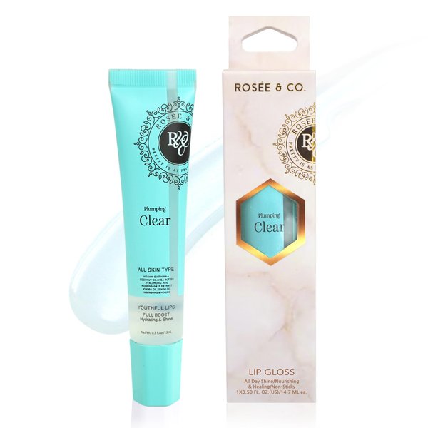 ROSÉE & CO Rosee Lip Gloss Vegan & Cruelty Free Treatment, Long Lasting Glossy with Shea Butter, Moisturize, Protect & Smooth - (b) Clear Plumping