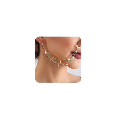 Octwine Women Tassels Green Crystal Nose Rings Earrings Chain Hoops Earrings Chain Fake Nose Ring Chain Non Piercing Nose Rings Earrings to Dangle Halloween Earring for Women (Green)