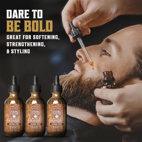 Viking Revolution Men's Beard Oil - Natural Argan and Jojoba Blend, Softens and Strengthens Facial Hair (Cedar and Pine, 3 Pack)