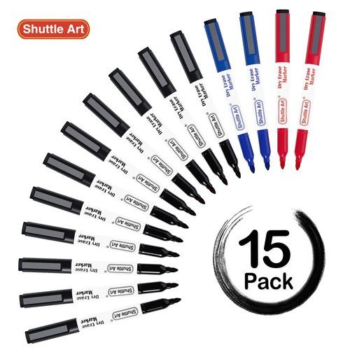 Shuttle Art Dry Erase Markers, 15 Pack 3 Colors Magnetic Whiteboard Markers with Erase, Fine Point Dry Erase Markers for Writing on Whiteboard Glass Mirror for School Home Office(11 Black 2Blue