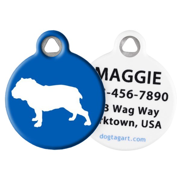 Dog Tag Art Bulldog Silhouette Personalized Pet ID Tag for Dogs, Silent Polymer Nametag with Customized Identification Information - Small .875" Diameter