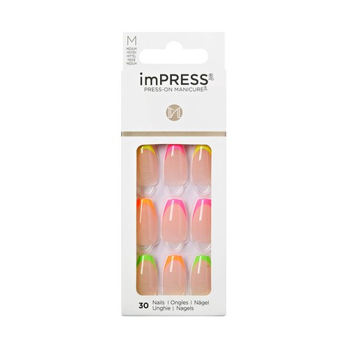 KISS imPRESS No Glue Mani 30 Pcs Premium Press On Nails, Light Neutral Neon Tip French, Medium Size, Coffin Shape, Simple Peel & Press Easy Apply, Hassel-Free Removal, Essential Tools Included